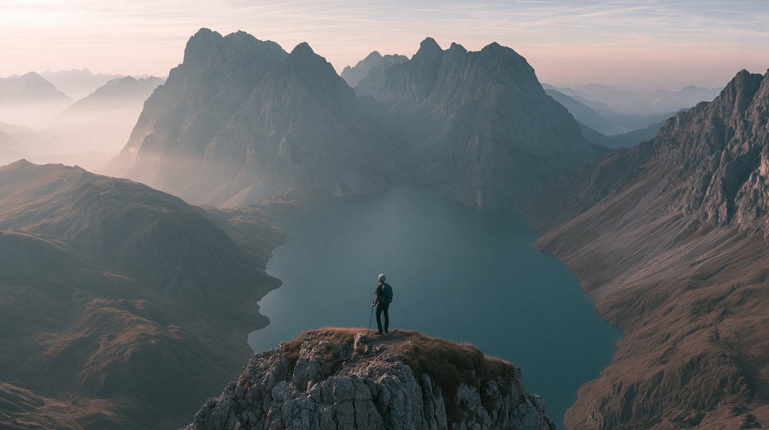 Wanderer auf einem Bergkamm über einem Bergsee
