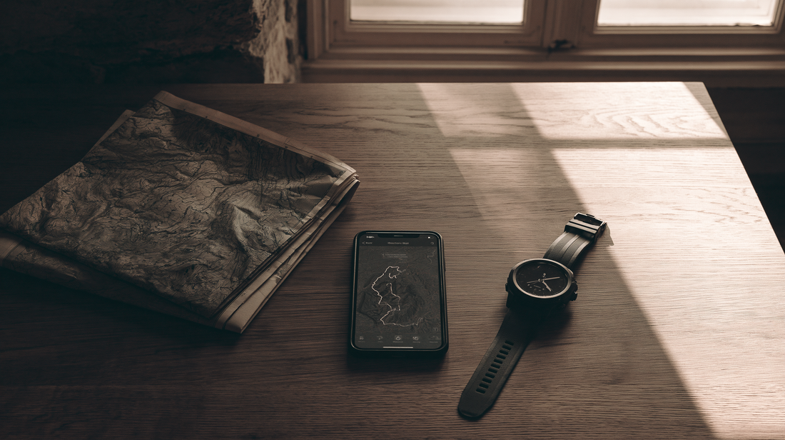 GPS-Route auf dem Smartphone, Karte und Sportuhr auf einem Schreibtisch