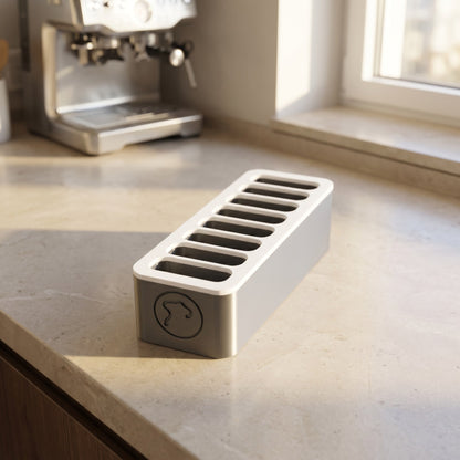 Norello Fuel Rack in Grau mit 8 Slots auf heller Küchen-Arbeitsplatte im Morgenlicht