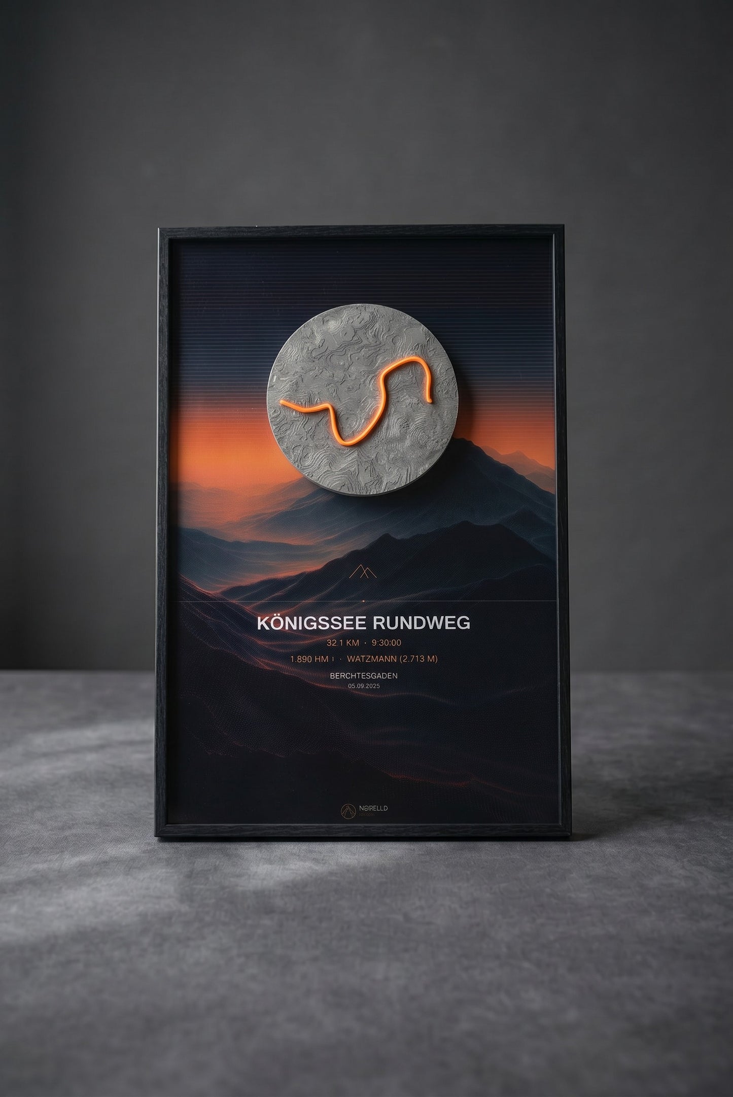 Norello Trace — 3D-gedruckte GPS-Route im schwarzen Bilderrahmen, Pulse Design
