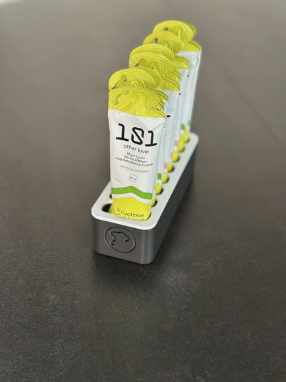 Norello Fuel Rack Produktvideo: langsamer Kamera-Push-in auf den Gel-Organizer mit 8 Energy-Gels